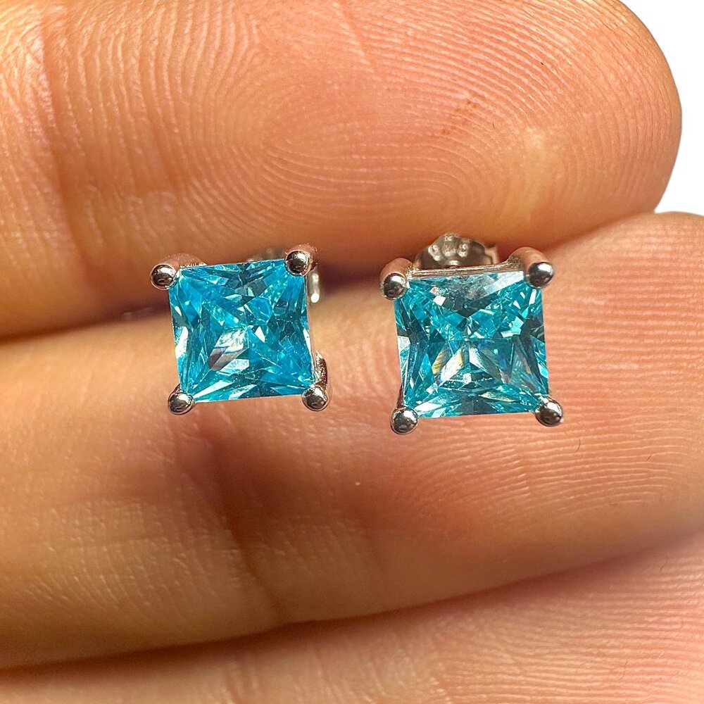 Aquamarine CZ Stud Earrings 5mm Square Princess Cut 925 Sterling Silver
